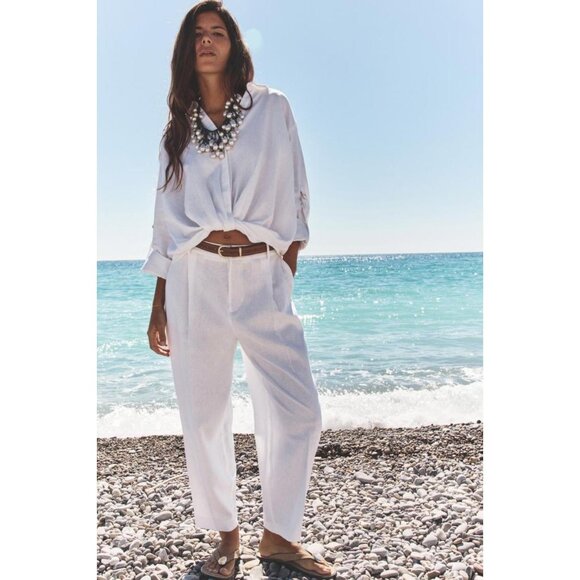 ZARA LINEN BELTED STRAIGHT-LEG TROUSERS - Picture 2 of 5